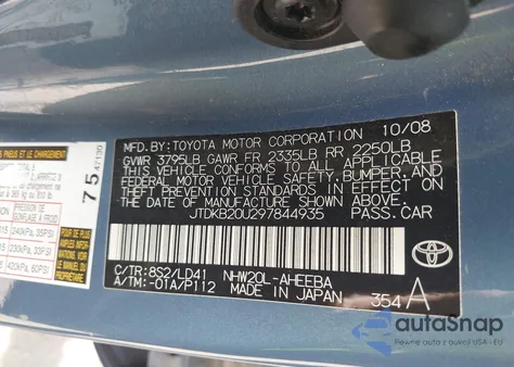 2009 Toyota Prius from USA, damaged, VIN JTDKB20U297844935